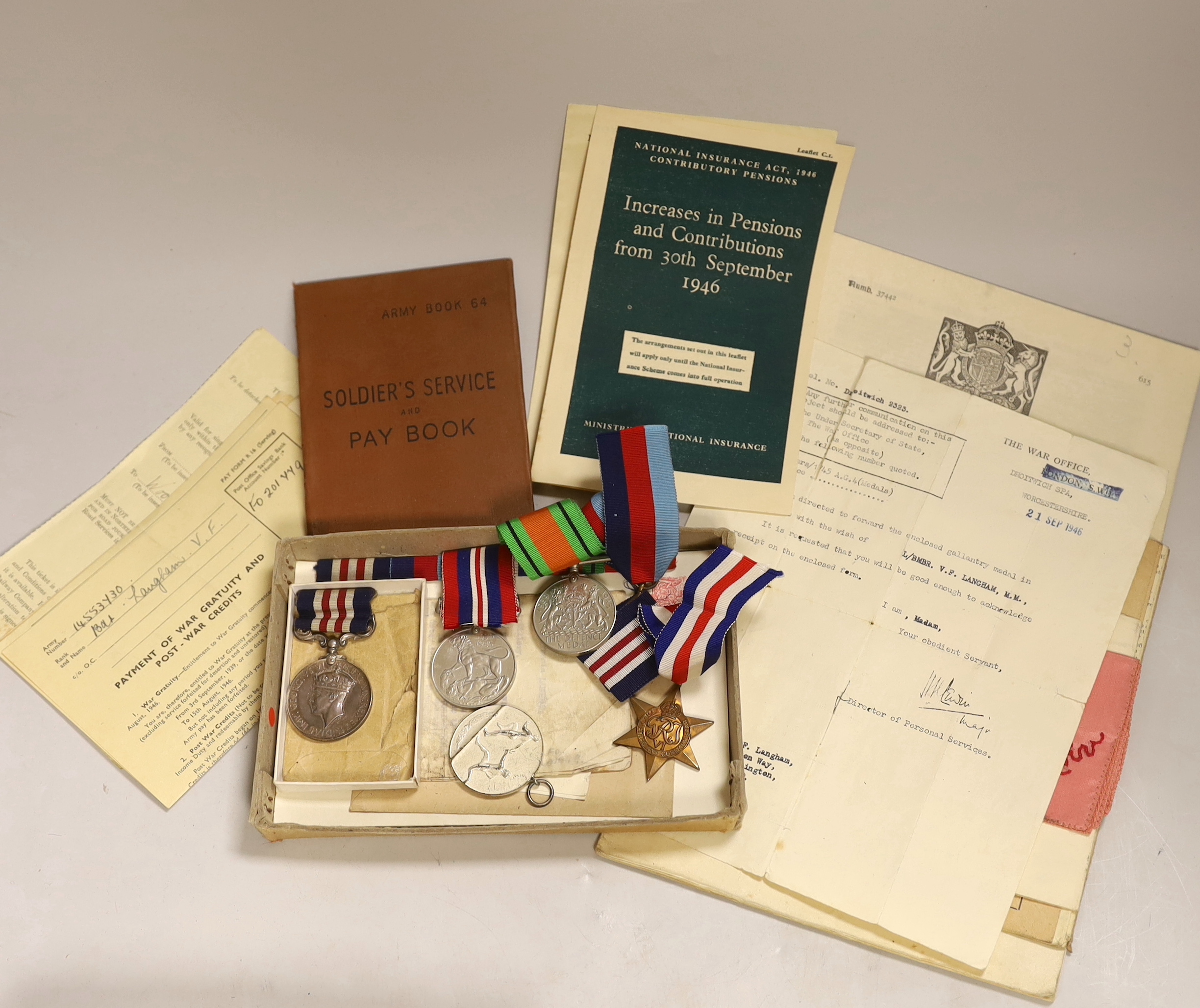 A WW2 military medal group of five to 14553730 Lance Bombadier Vivian Francis Langham R.A. and accompanying documentation